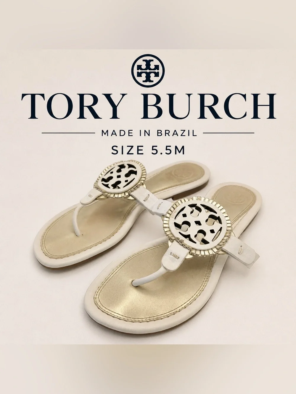 Tory Burch Miller Leather Logo Thong Sandals White/Cream Women’s Size 5.5M - Picture 1 of 5